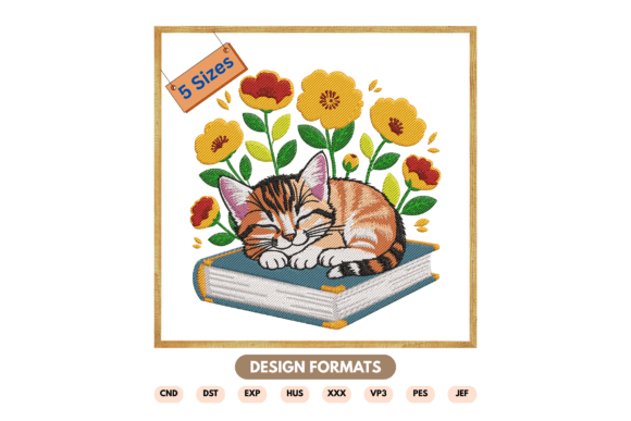 Charming Sleeping Cat on Book Embroidery Design