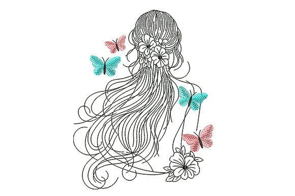 Elegant Woman with Flowing Hair Embroidery